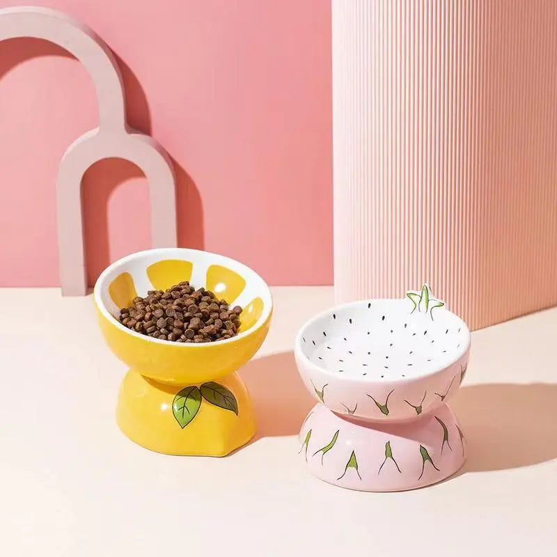 Hamiledyi Ceramic Raised Cat Bowl Anti Vomiting Elevated Tilted Cat Food & Water Bowls 2PCS Pet Feeder Dish for Indoor Cats and Small Dogs(Lemons & Pitaya). Mewtie Boutique