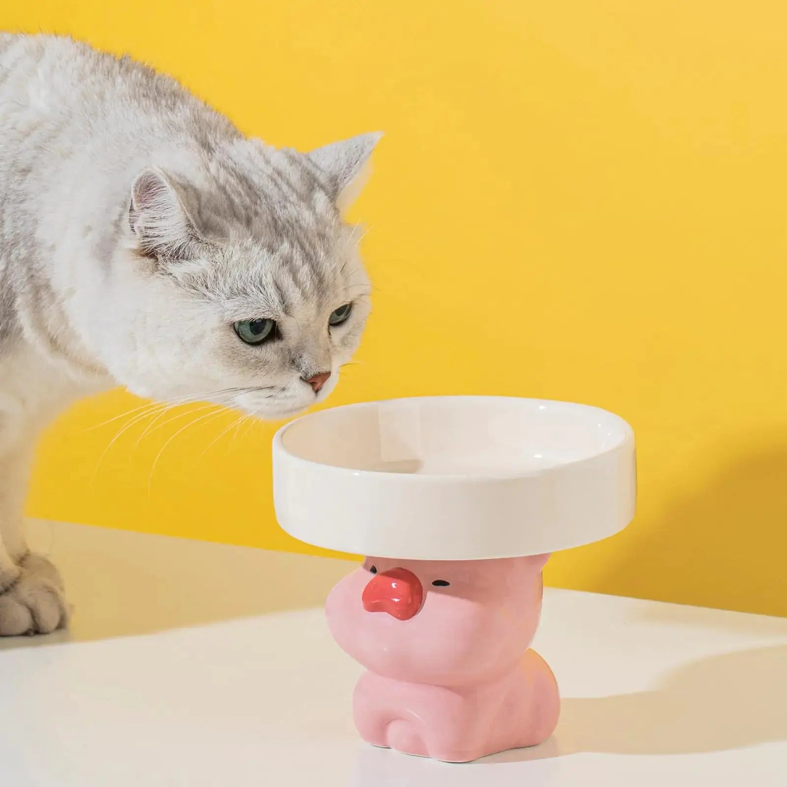 Whimsicalfox Raised Cat Bowls Cat Food Bowls Elevated Animal Theme Cute Ceramic Cat Bowl for Indoor Cats Pet Slow Feeder Water Bowl Whisker Friendly Prevents Dark Chins Easy to Clean (Pink Pig) Mewtie Boutique