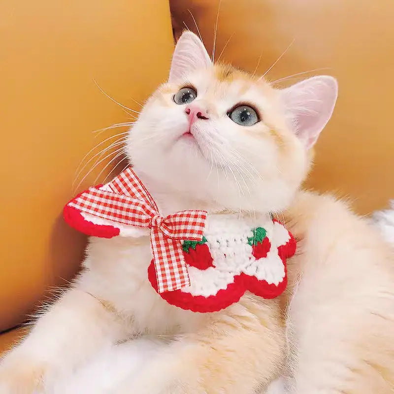 DONGKER Cat CollarCute Breakaway Cat Knitted Collar with Bow Tie & Strawberry Pattern for Cat Kitten Party Wedding Decoration Mewtie Boutique